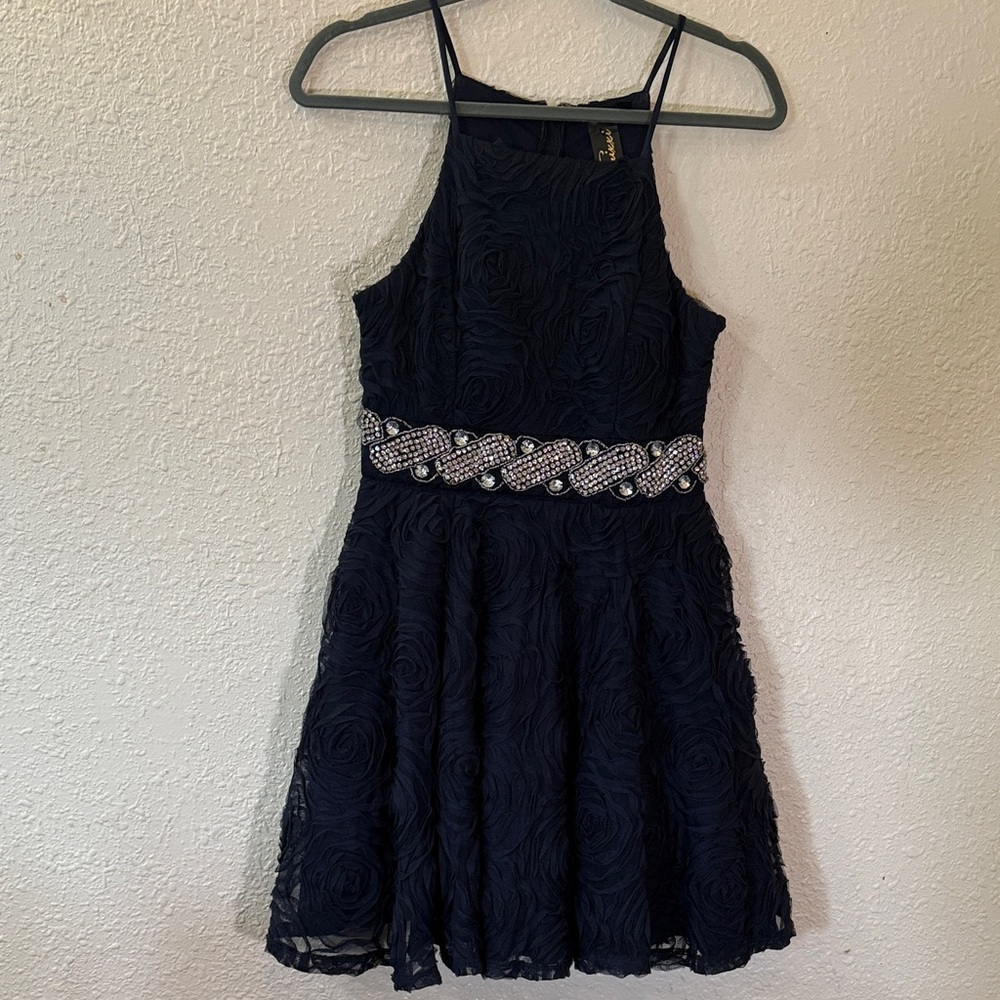 Trixxi Navy Halter Rosette Party Dress with Jeweled Waist